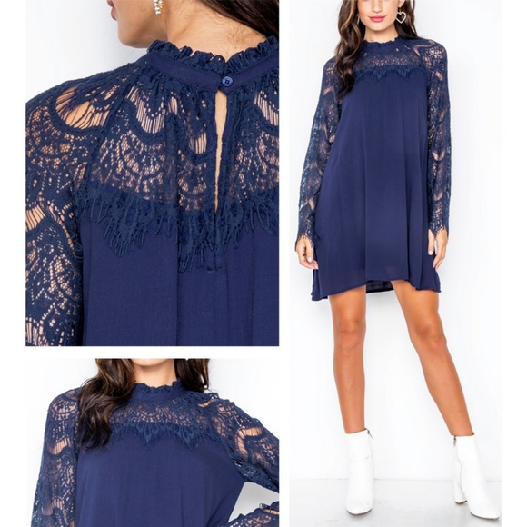 Navy Blue Crochet Lace Mock Neck Swing Shift Dress - Picture 5 of 8